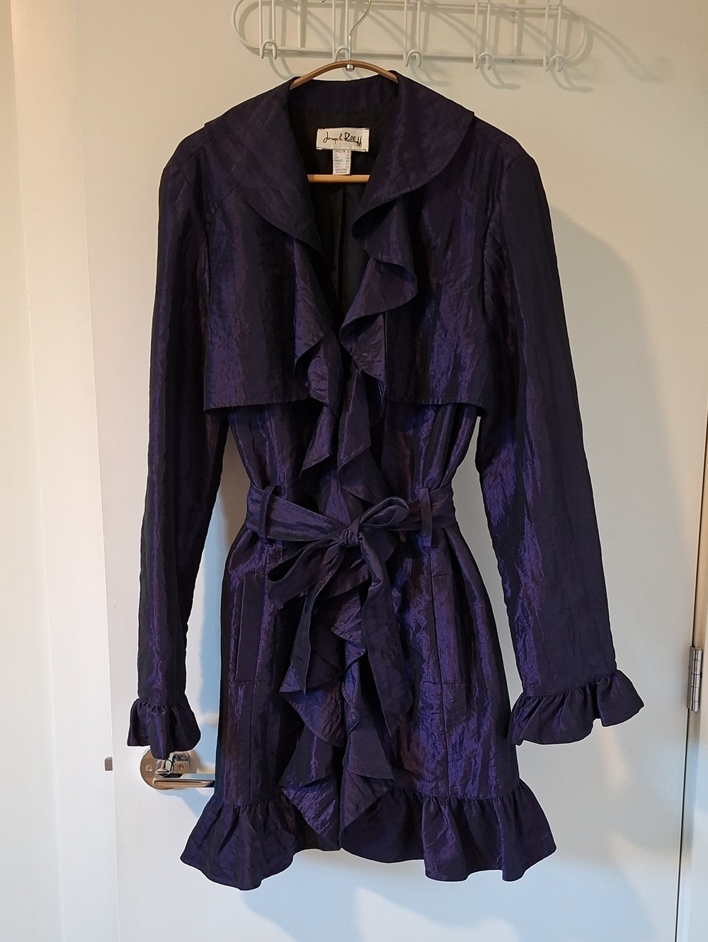 Vintage Joseph Ribkoff Deep Purple Dramatic Ruffle Tie-waist Trench (US 12)